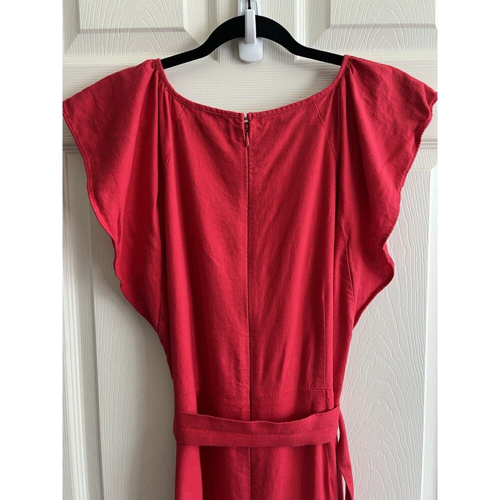ANN TAYLOR LOFT 2024 Cherry Red Linen Blend Belted Flutter Sleeve Midi Dress 10 - Picture 7 of 14